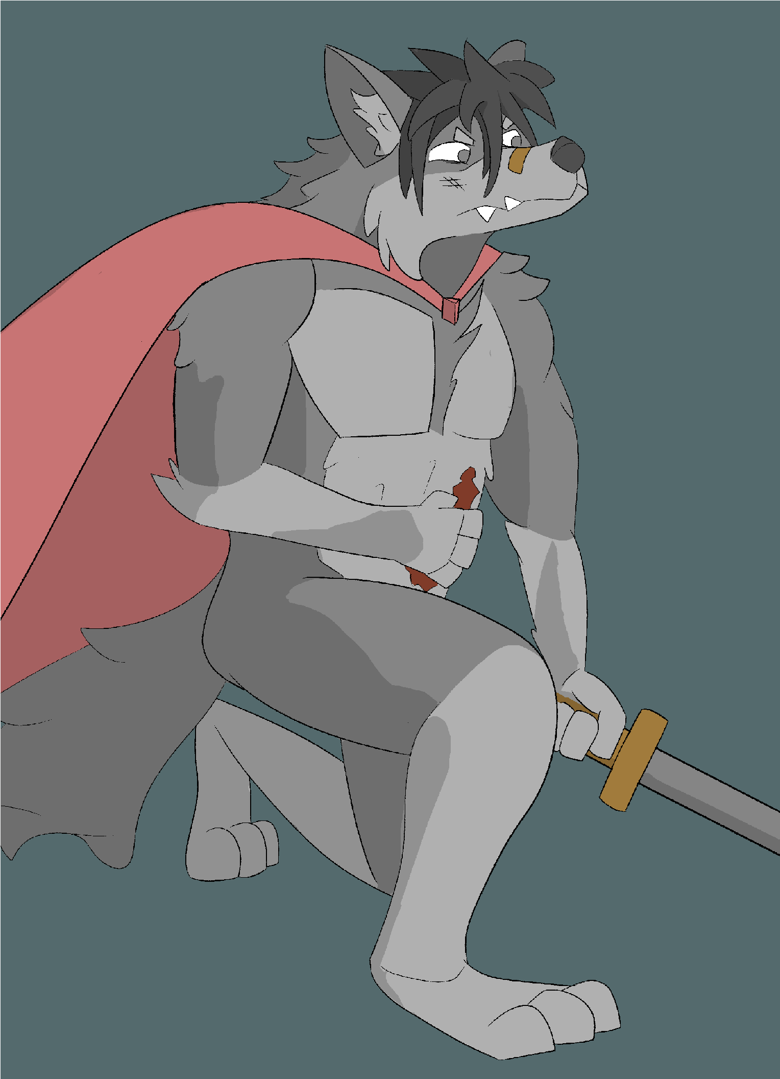 Anthro wolf, clutching a bloody chest wound and holding a sword.