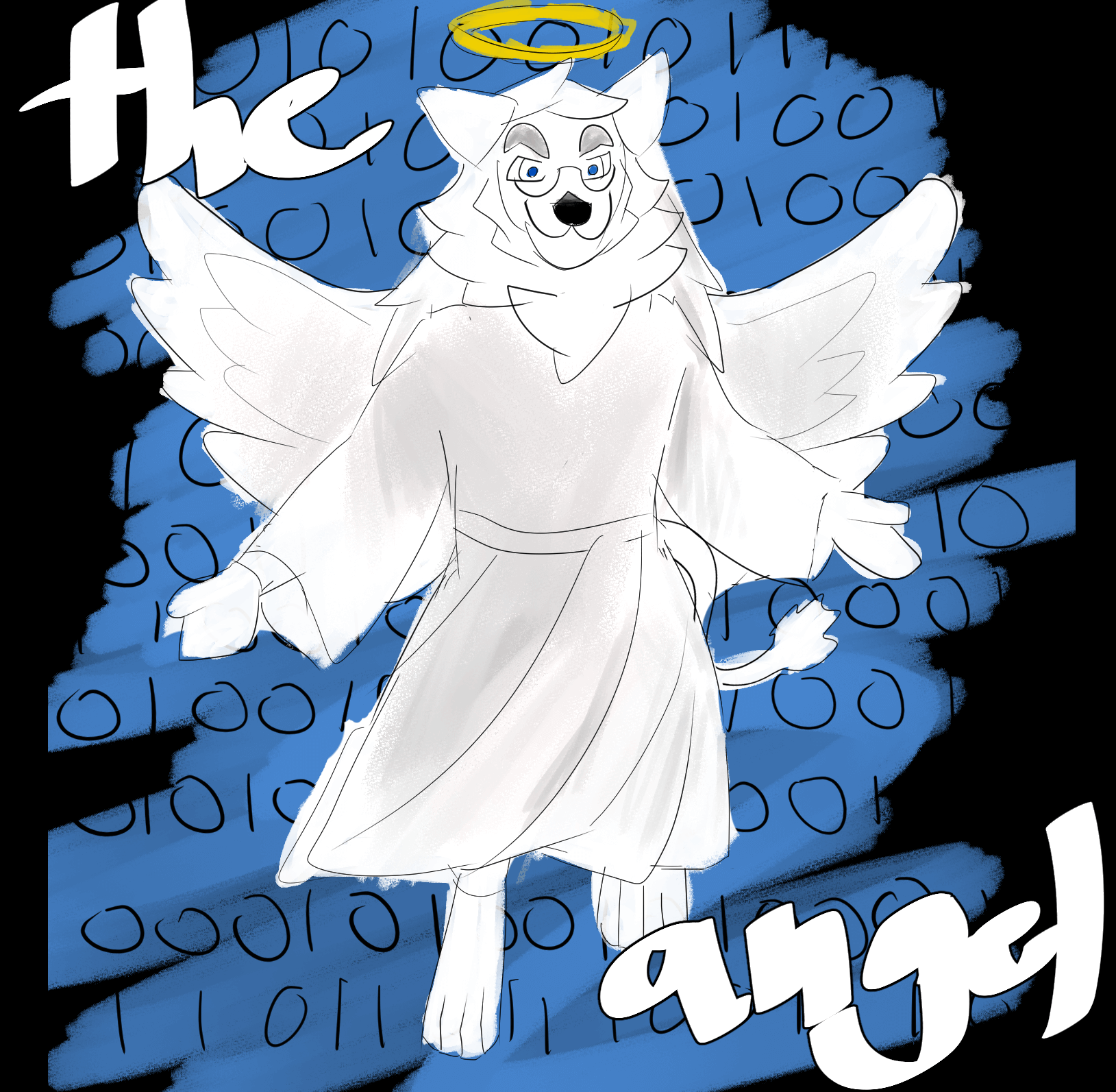 Lion with wings dressed as an angel floats, behind which lies binary code.