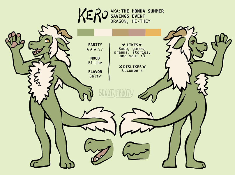 Kero's ref sheet. It says he likes soup, games, dreams, stories and you! And dislikes just cucumbers.