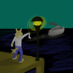 at an underground port, and anthro dog waves goodbye to a departing boat