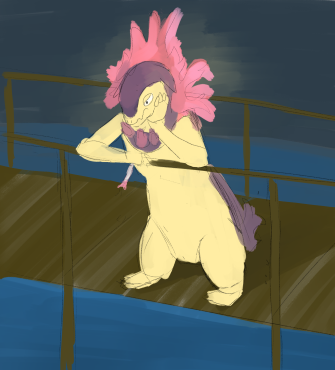 typhlosion stands at the edge of a bridge, with a forlon expression on his face
