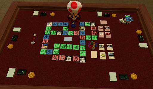 a boardgame in tabletop sim. lots of cards and tiles arranged into paths
