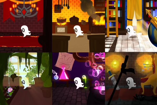 a ghost walking through 6 different places