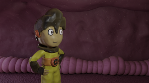 a guy in a yellow spacesuit in a cave