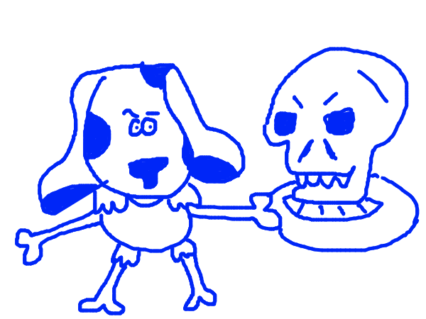 Blue, from Blue's Clues, with bones replacing all his limbs, holds a skull.