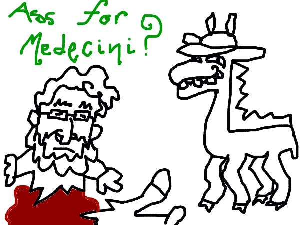 A man is cut in half, while a giraffe in a hat smiles at the viwer. Captioned with the text 'Ass for Medecini?'