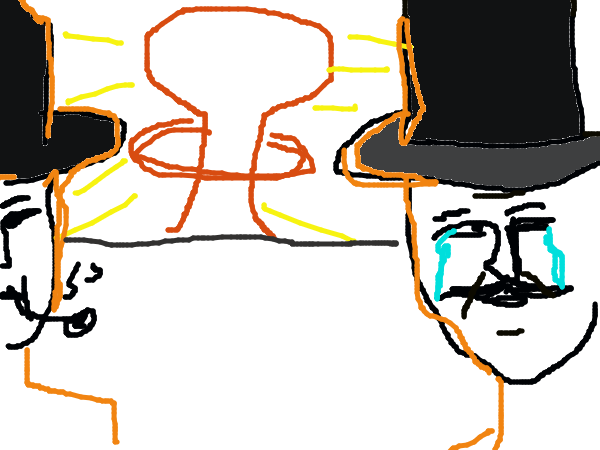 Two men with moustaches and top hats crying while smiling and facing the viewer as a nuclear explosion takes place in the background