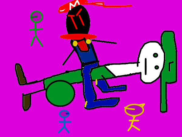 Mario sitting on a Luigi with wheels, surrounded by stick figures.
