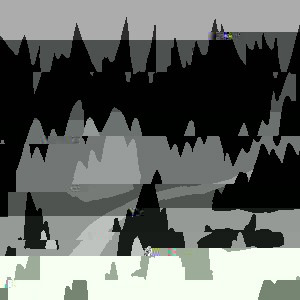 there is a path heading through a mountainous area. the image is corrupted. chunks of the image are in the wrong place