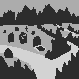 a path splits into two directions. one heads left, one heads through a valley. immediately ahead, there is a graveyard
